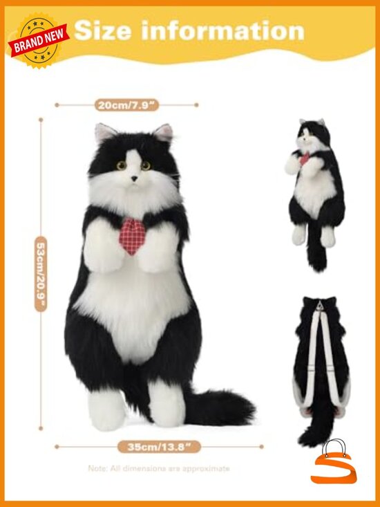 Tuxedo Cat Plush Backpack - Soft Stuffed Cat Backpack with Adjustable Straps main image 5